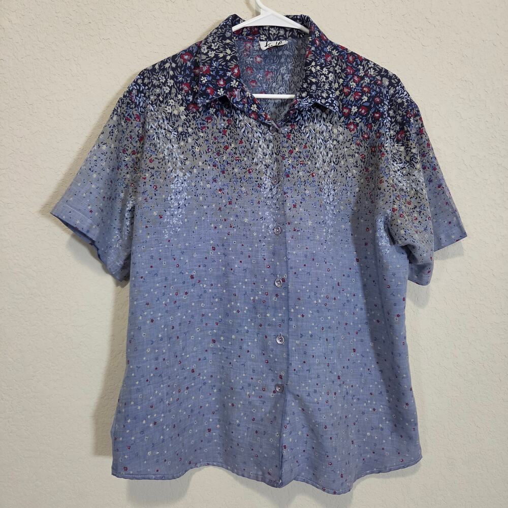 Tap & Co. Ombre Floral Button Up Shirt Womens XL Blue Short Sleeve Top Casual